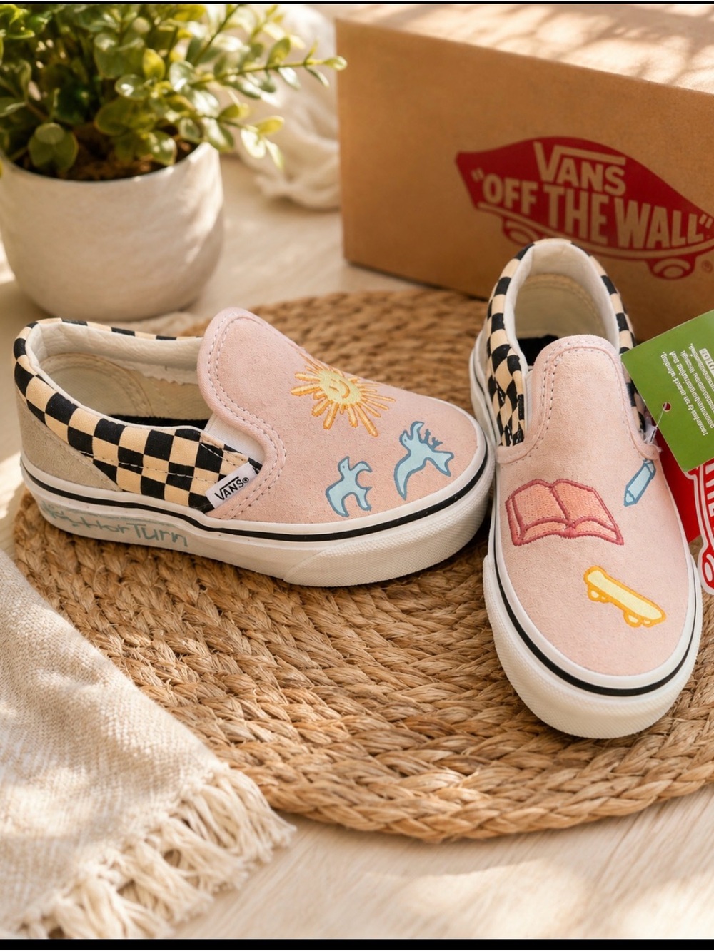 Vans Kids Slip-On Sneakers in Pink with Black Checkerboard Trim
